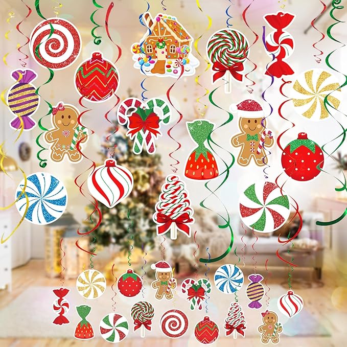 Candy Gingerbread Christmas Decorations - 20pcs Glitter Gingerbread House Candy Christmas Balls Hanging Swirls for Candyland Xmas Party Decor Supplies