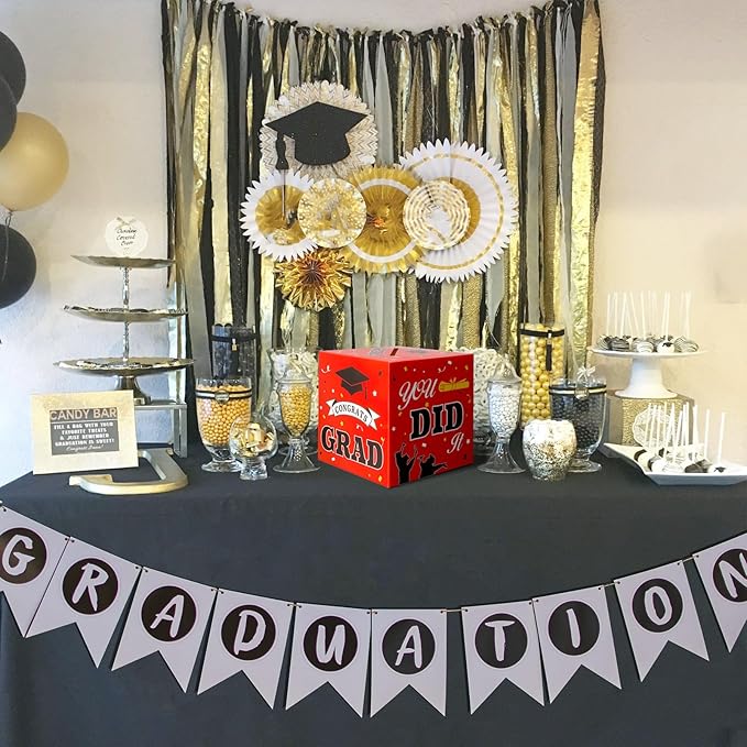 Graduation Card Box, 2025 Graduation Party Decorations, Red Black Graduations Card Holder, Foldable Cardboard Decoration Congrats Grad Card Gift Box Class of 2025 for Graduations Party Favors Supplies