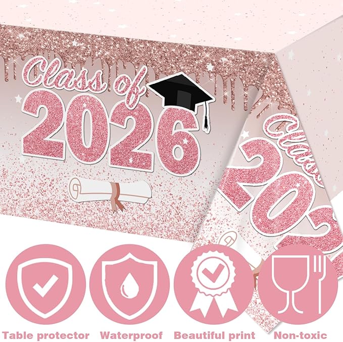 ssailue decor Pink Graduation Decorations Class of 2026 Tablecloth,4 Pieces 2026 Graduation Party Tablecloth, Class of 2026 Decorations Plastic Disposable Table Cover Party Supplies