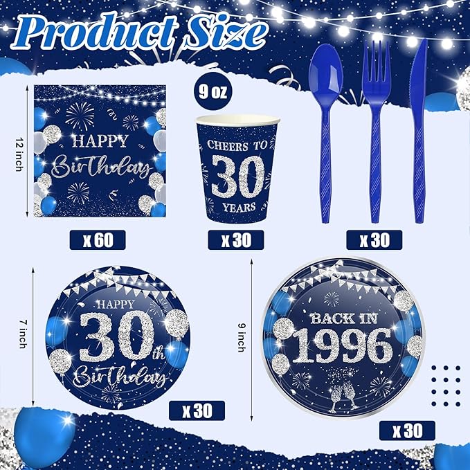 240 Pcs 30th Birthday Decorations 1996 Birthday Party Tableware Include Plates Napkins 9oz Cups Cutlery 30th Anniversary Party Supplies for Men Women Him Her, Serve 30 Guests (Blue Silver)