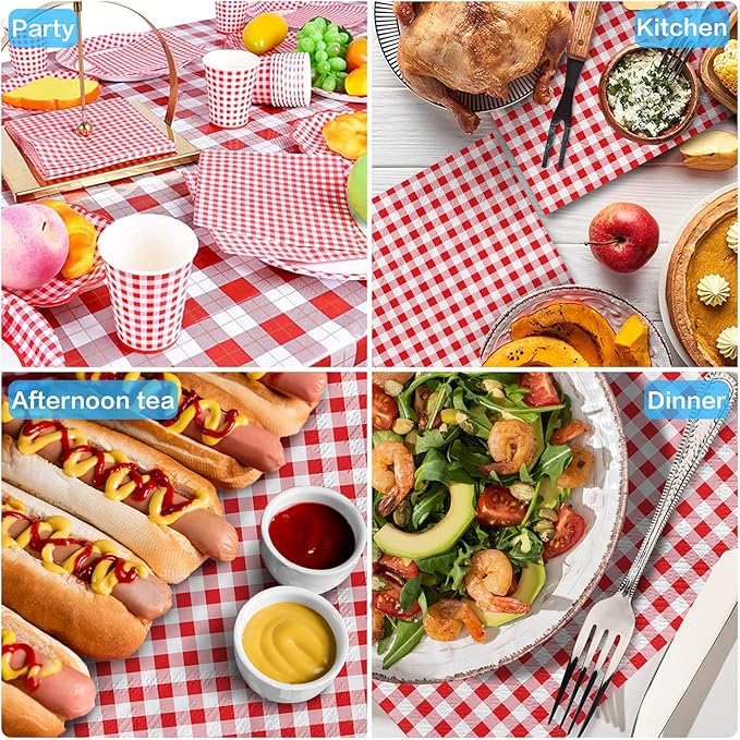 Gatherfun Disposable Red and White Gingham Paper Napkins (Pack of 50)