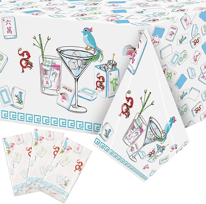 K1tpde Mahjong Party Tablecloth Decoration - 3PCS Cocktail Themed White and Blue Plastic Tablecloth, Disposable Cocktail Tablecover for Adult, Mahjong Party Supplies for Birthday Bachelorette Decor
