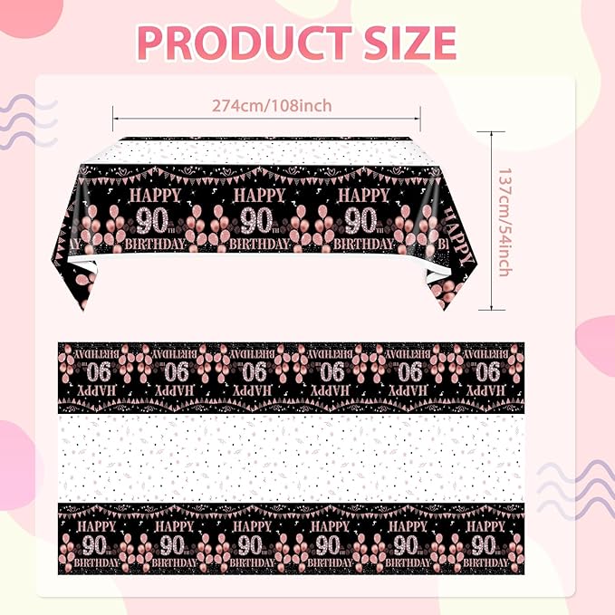 3PCS 90th Birthday Tablecloth 90 Year Old Black and Rose Gold Birthday Decorations Cheers to 90 Years Table Cloth Disposable Plastic Rectangular Table Cloth for Women