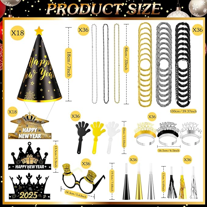 288 Pieces 2026 New Years Eve Party Supplies Include New Year Crown Glasses Headband Noisemakers Cone Hats Necklaces Hand Clapper Leis 2026 New Year Decorations Kit Party Supplies