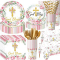 LemonRoad 452 Pcs God Bless Baptism Party Decoration for 50, Floral First Holy Communion Baptism Paper Plate Napkin Cup Tablecloth Cutlery Straw for Christening Baby Shower Party Supplies