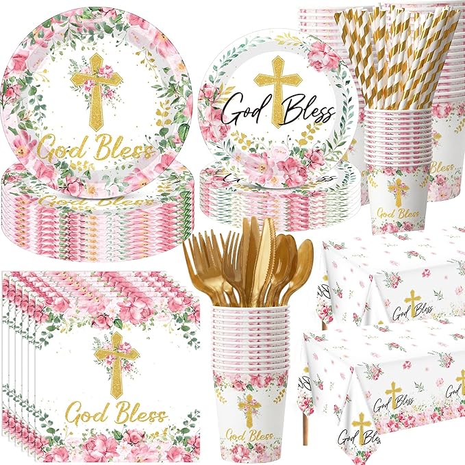 LemonRoad 452 Pcs God Bless Baptism Party Decoration for 50, Floral First Holy Communion Baptism Paper Plate Napkin Cup Tablecloth Cutlery Straw for Christening Baby Shower Party Supplies
