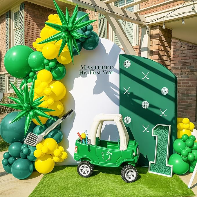 Green Yellow White Balloon Arch Garland Kit, Golf Hole In One Birthday Decorations with Foil Star Balloons for Golf First Birthday Lets Par-tee Sports Themed Party Retirement Decorations Supplies