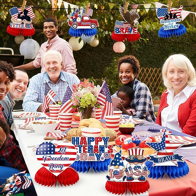 JULMELON 8PCS Veterans Day Table Decorations, Honeycomb Centerpieces, 3D Double Sided Happy Veterans Day Centerpieces for Tables Patriotic Decor Thank You Veterans Theme Party Supplies