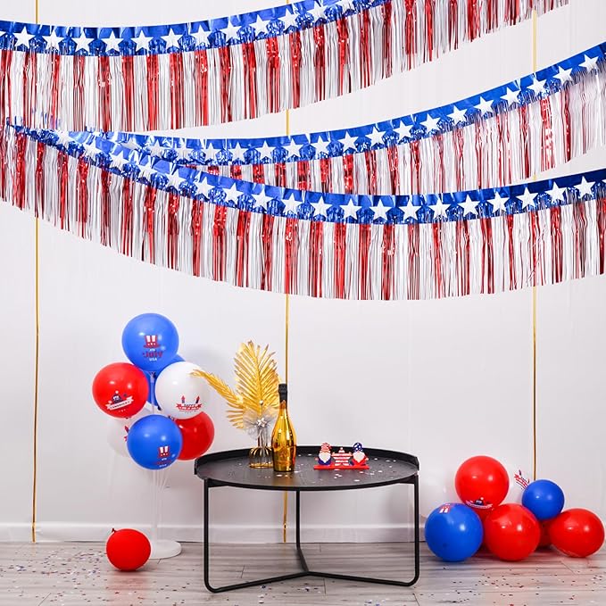 Mega-L 4th of July Decorations 4Packs 78 Feet Foil Fringe Garland Tinsel Streamers, Red White and Blue Star Metallic Hanging Backdrop Banner Table Skirts for Parade Floats Memorial Day Patriotic Party