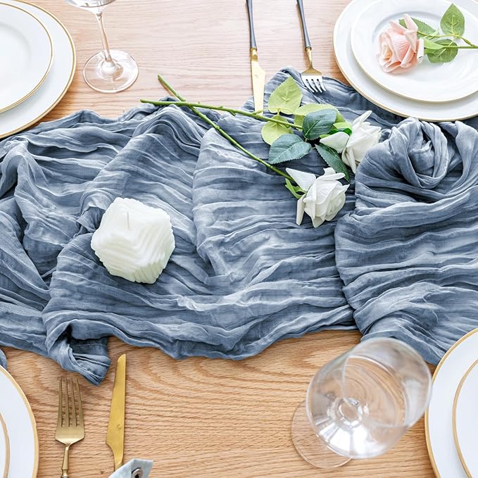 Wokceer Dusty Blue Cheesecloth Table Runner Spring 3Pack 10FT Boho Gauze Easter Cheese Cloth Table Runner for Party Long Rustic Sheer Runners for Baby Bridal Shower Wedding