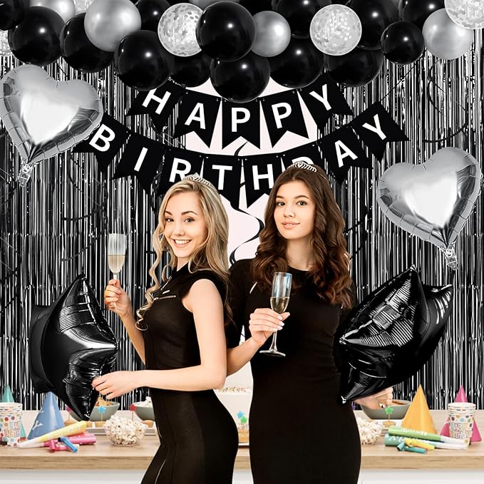 Black White Birthday Decorations, Bday Party Supplies for Women Men with Happy Birthday Banner, Confetti Balloons, Fringe Curtain, Heart Star Foil Balloons, Hanging Swirls