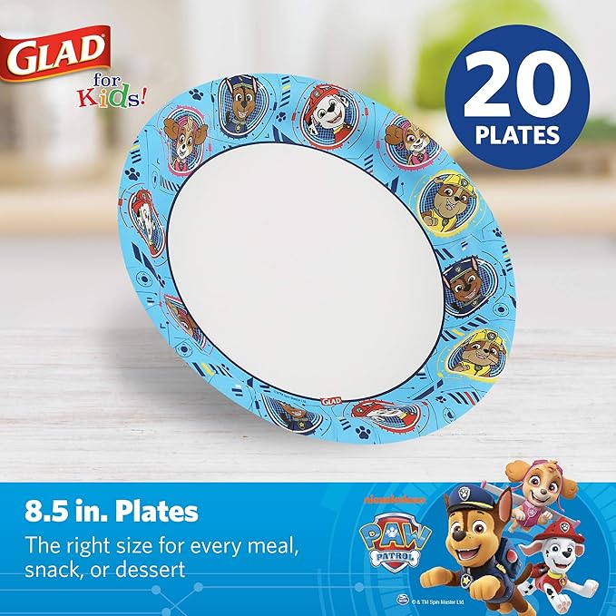 Glad for Kids Paw Patrol Disposable Paper Plates, Heavy Duty Soak Proof Microwavable Kids Plates for Parties, Birthdays, and Everyday Meals, Core Pups Blue, 8.5 Inch, 20 Count - 10 Pack