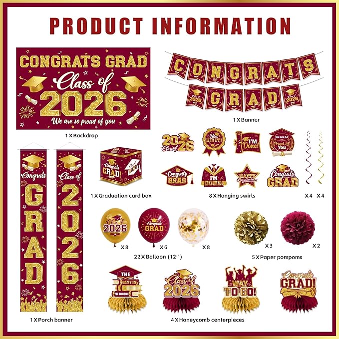2026 Graduation Decorations - Red Congrats Grad Party Supplies include Card Box, Backdrop, Banner and Balloons for Class of 2026 Decorations Set