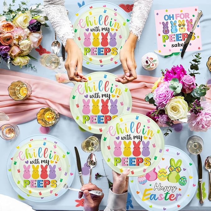 124pcs Easter Party Decorations Set Include Happy Easter Banner Chillin with My Peeps Paper Plates and Napkins,Paper Cups,Plastic Tablecloth and Forks,Hanging Swirls, for 20 Guests