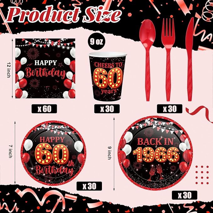 240 Pcs 60th Birthday Decorations 1966 Birthday Party Tableware Include Plates Napkins 9oz Cups Cutlery 60th Anniversary Party Supplies for Men Women Him Her, Serve 30 Guests (Black Red)