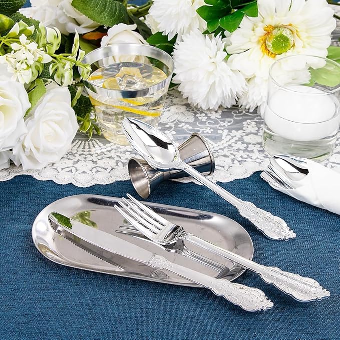 Liacere 350PCS Silver Plastic Plates-Disposable White and Silver Plates 50guest Baroque Plastic Dinnerware Set include 100Plates, 50Pack Pre Rolled Napkins with Silverware 50Cups Perfect for Christmas