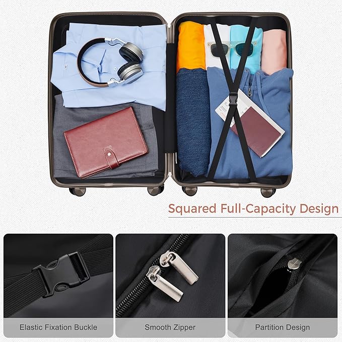 Hardside Luggage Sets, Lightweight Wave Suitcase with Spinner Wheels, PP Brown