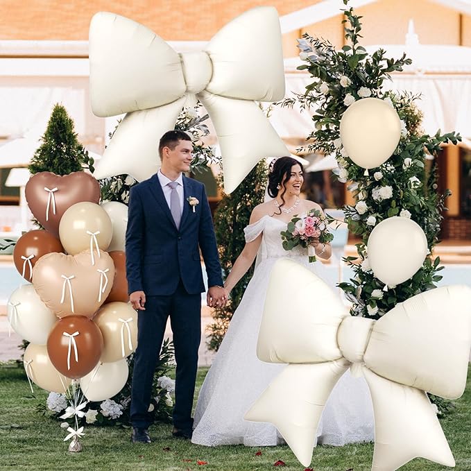 16Pcs Apricot Brown Heart Balloons, 38 Inch Bow Balloons, Tan Beige Sand White Balloon and Bow Heart Shaped Foil Balloon for Neutral Birthday Wedding Bridal Baby Shower Valentines Day Decorations