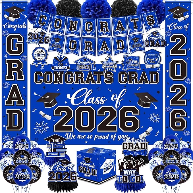 Graduation Decorations 2026 Blue Party Decor Set with Congrats Grad Banner, Class of 2026 Backdrop, Balloons, Box & Streamers Supplies for High School & College Celebrations