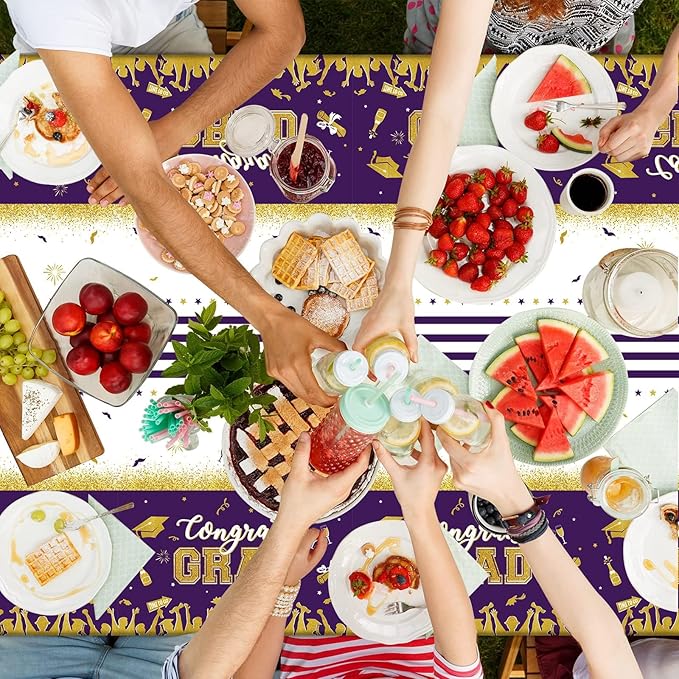 chiazllta Set of 3 Graduation Tablecloths Class of 2026 Congrats Grad Purple Graduation Party Tablecover Decorations Party Supplies Large Size Plastic 54"x108"(Purple & Gold)
