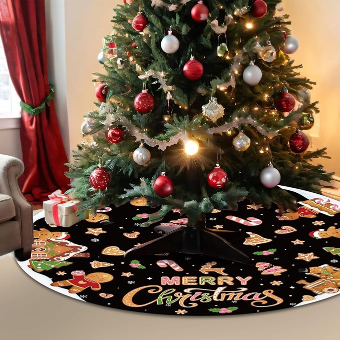 Capoda Black Christmas Tree Skirt Gingerbread Man Candy Christmas Tree Skirt 48 Inch Xmas Tree Mat Gingerbread Christmas Tree Skirts Mat for Holiday Christmas Party Decorations Indoor Outdoor