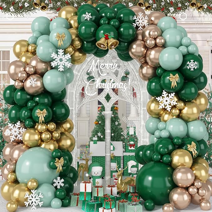 Christmas Balloon Arch Kit Green and Gold Balloon Garland Emerald Forest Hunter Dark Green Sage Champagne Gold Metallic Party Balloon for Xmas Ugly Sweater Friendsmas Holiday Party Decoration