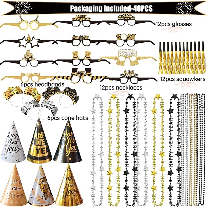 Ansoufien 2026 New Year Party Supplies 48PCS – New Years Eve Party Supplies Set with Cone Hats, Headbands, Glasses, Noisemakers and Bead Necklaces – Happy New Year 2026 NYE Decorations