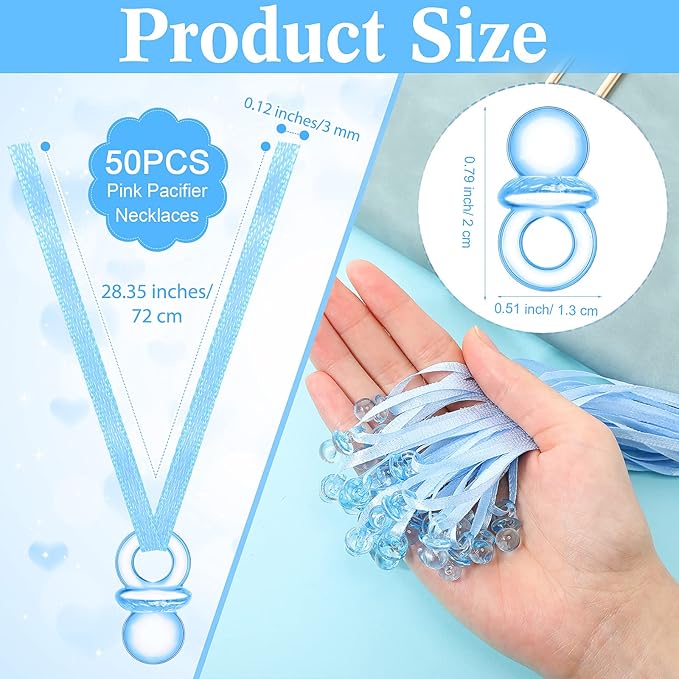 Wesiti 51 Pcs Cool Baby Shower Game Wooden Sign Gift Sets 50 Baby Shower Pacifiers Necklace Acrylic Pacifier for Gender Reveal Party Favor(Bear,Blue)