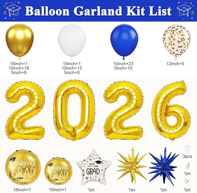 Graduation Balloons Garland Arch Kit, Graduation Balloons Class of 2026, Navy Blue and Gold White Latex Balloon with Foil Balloon for Class of 2026 Party Decor