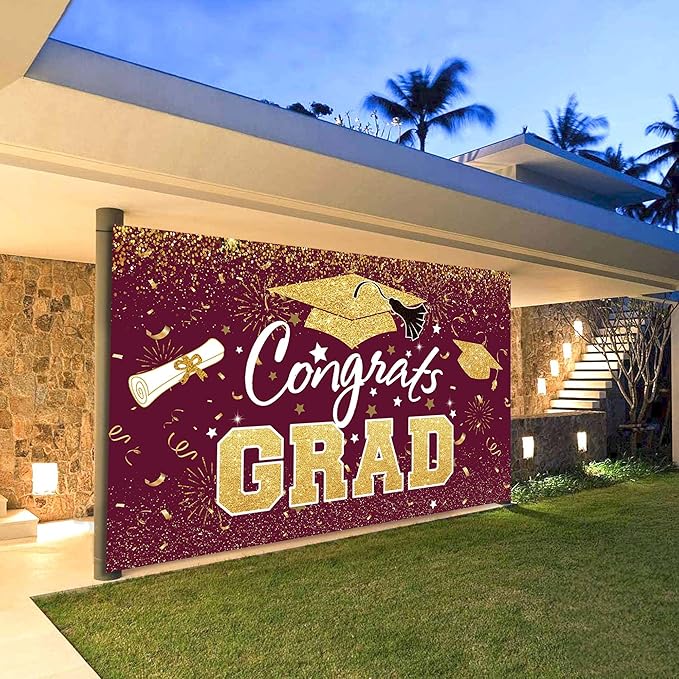 Graduation Party Decorations - Maroon Gold Congrats Grad Class of 2026 Backdrop Banner Large Sign Wall Decorations Photography Background Party Supplies for 2026 Graduation Party Decorations
