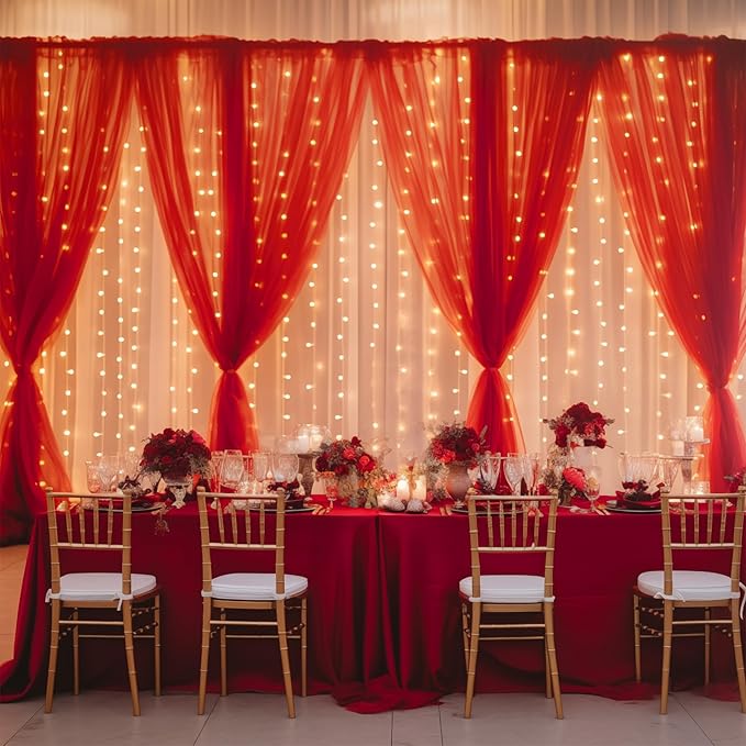 10x10ft Red Tulle Backdrop Curtain with Lights String for Parties, Sheer Photo Backdrop Curtains for Valentines Wedding Baby Shower Birthday Party Photo Shoot Decorations