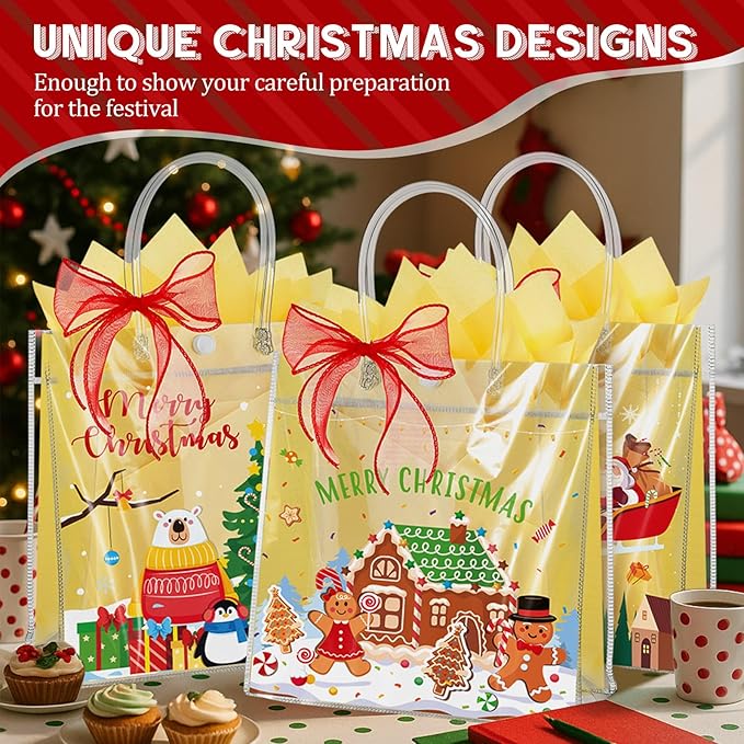 Henoyso 24 Pcs Christmas Village Clear Gift Bags Plastic Candy Treat Goodie Bags Gingerbread Santa PVC Wrap Totes with Handles and Ribbon Xmas Party Favors, 7.8 x 7.8 x 3.1 Inch