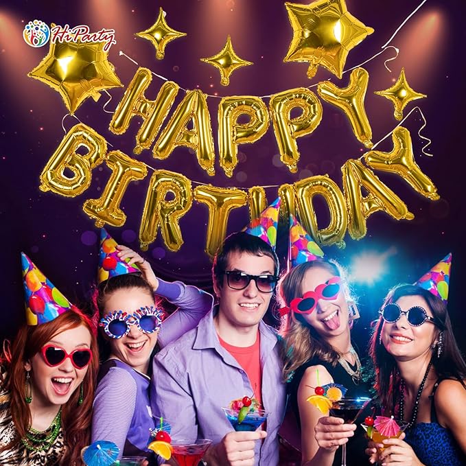 23pcs Birthday Balloons Banner, 3D Gold Premium Mylar Foil Ecofriendly Letter Happy Birthday Banner with 5pcs Star Balloons Kits for Kids Girls Boys Men Adults Birthday Party Decorations Supplies