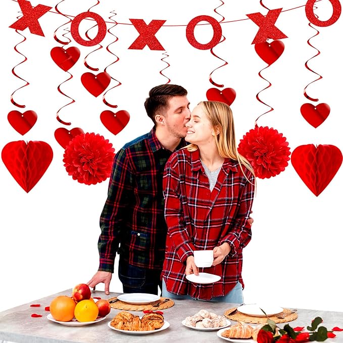 Valentines-Day Decorations Red-Heart Garland Galentines-Decor - 24pcs Tissue Paper Pom Poms Streamers Swirl,Be Mine Xoxo Banner,Love Romantic Special Night Anniversary Party Hanging Lasting Surprise