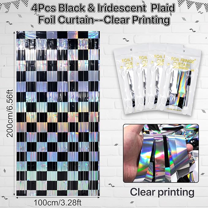 4 Pack 3.3Ft x 6.6Ft Race Car Checkered Foil Fringe Curtain Backdrop Decorations, Black Iridescent Metallic Tinsel Foil Streamers Curtain Photo Booth for Race Car One Happy Dude Birthday Party Decor