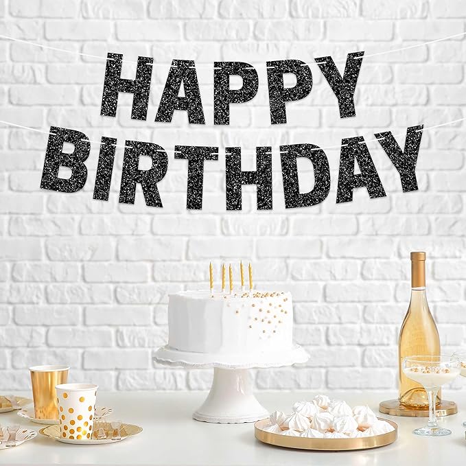 Pre-strung Happy Birthday Banner - No DIY - Black Glitter Birthday Party Banner - Pre-strung Garland on 8 ft Strands - Black Bday Party Decorations & Decor for Men & Women. Did We Mention No DIY