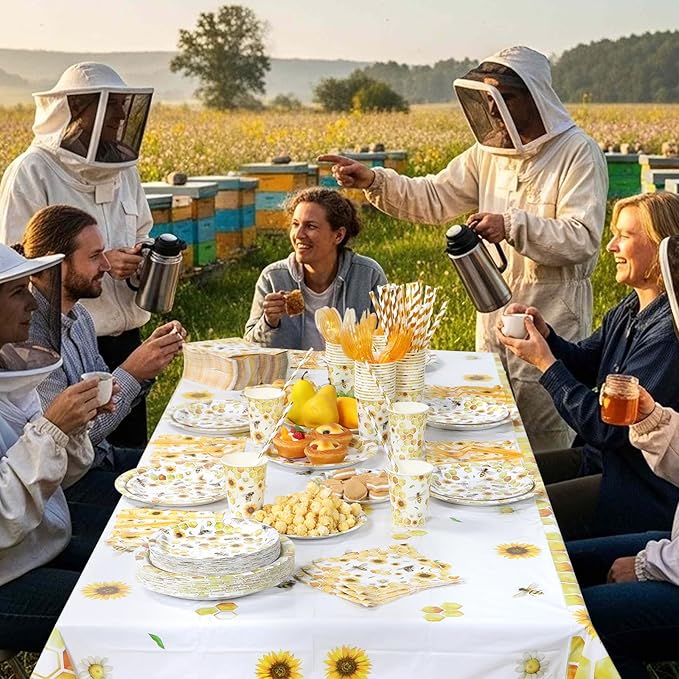 LemonRoad 452 Pcs Bee Baby Shower Decorations for 50, Bee Paper Plates Napkins Cups Tablecloth Disposable Cutlery Straws for Birthday Party What Will Baby Be Gender Reveal Dinnerware Supplies