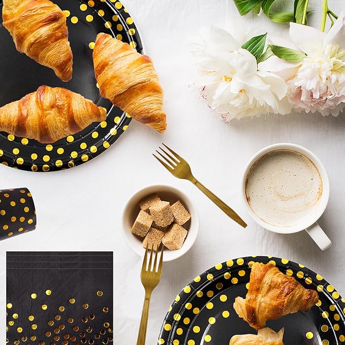 160 Pcs Black and Gold Paper Plates, Forks and Cups Party Supplies, black birthday plates Tableware Supplies for Birthdays, Graduations, Weddings, Holidays Serves 30 (7 inches)
