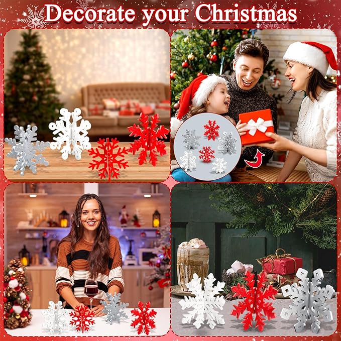 OuMuaMua Winter Christmas Centerpiece Table Decorations - 12pcs Wooden Snowflakes Decor 3D Red White Snowflake Tabletop Decor Snowflake Centerpiece for Xmas Holiday Tiered Tray Winter Farmhouse Decor
