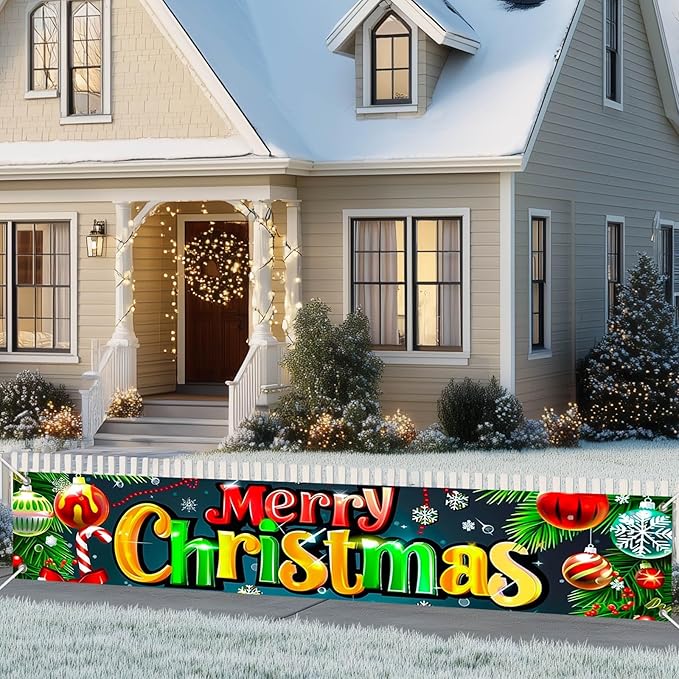 Merry Christmas Decorations Banner 118x20 Inch Polyester Fabric Ornaments Tree Branches Holly Design for Indoor Outdoor Garden Fence Banner Outdoor Porch sign Party Supplies