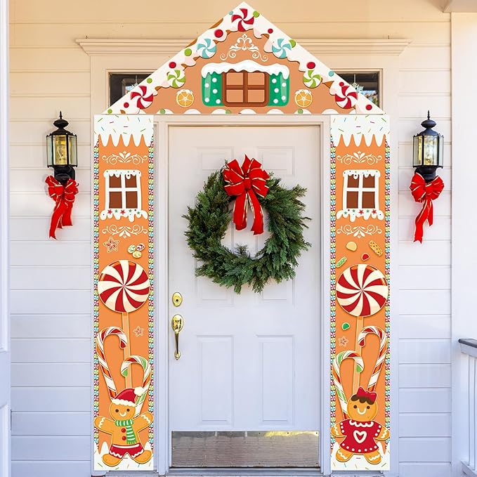 Christmas Gingerbread Door Cover Banners Decor Set,3 Piece Gingerbread House Decorations with Triangle Topper and Hanging Ginger Bread Christmas Decorations Banner for Porch Party Winter outdoor Decor