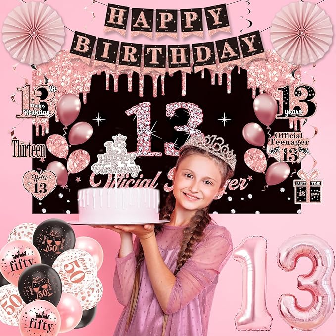 13th Birthday Decorations for Girls, Official Teenager Party Supplies, Black Rose Gold Banner Backdrop Numbers Foil Balloon Crown Sash Hanging Swirls Paper Fans for 13 Birthday Girl Decorations