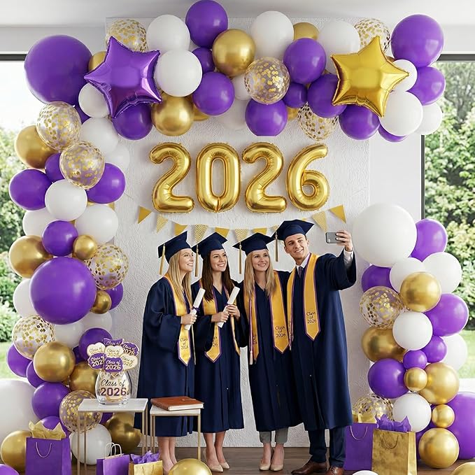 Purple Gold White Balloons Arch Kit, Purple White Balloons with Star Balloon Pennant Flag Bunting 2026 Foil Balloon Banner, Gold Confetti Balloon Garland for Class of 2026 Graduation Theme Party