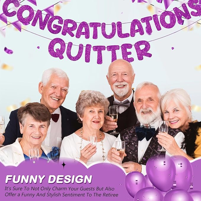 Fulmoon Pre Strung Congratulations Quitter Glitter Banner Funny Retirement Banner Graduation Party Decorations Going Away Supplies Garland for Men Women Gifts, No DIY(Purple)
