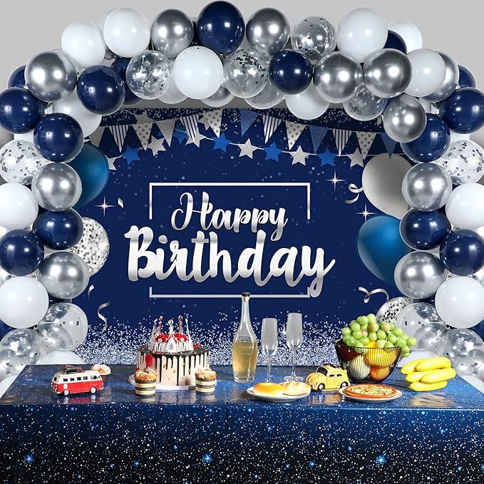 Tatuo Navy Blue Birthday Confetti Balloons Kit Set Photography Backdrop Banner Package for Boys Girls Men Women Birthday Party Decorations Supplies(Navy Blue and Silver)