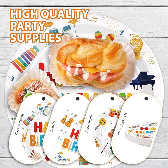 96Pcs Music Birthday Party Decoration Plates Musical Instrument Theme Plates and Napkins Music Notes Tableware Set for Musical Birthday Party Music Theme Baby Shower Supplies, Serves 24