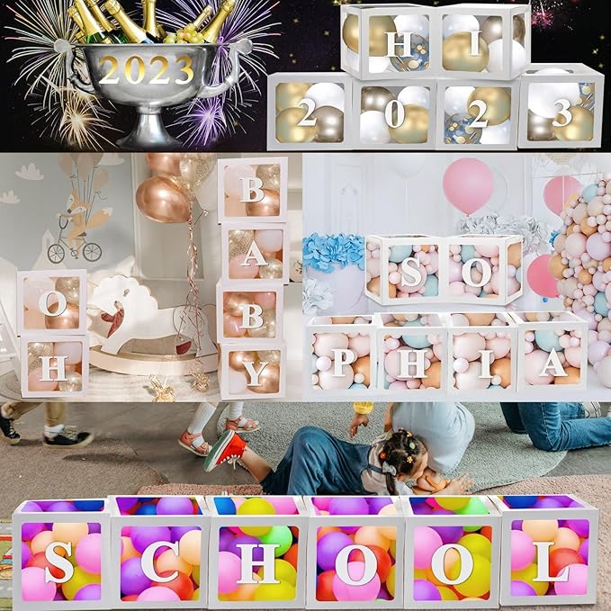 White Transparent Balloon Boxes With 78 Letters, Name Boxes for Baby Shower, Clear Baby Box Blocks Backdrop for 1st Birthday, Bridal Shower, 2026 Graduation Prom Party, Gender Reveal Decoration, 6 PCS