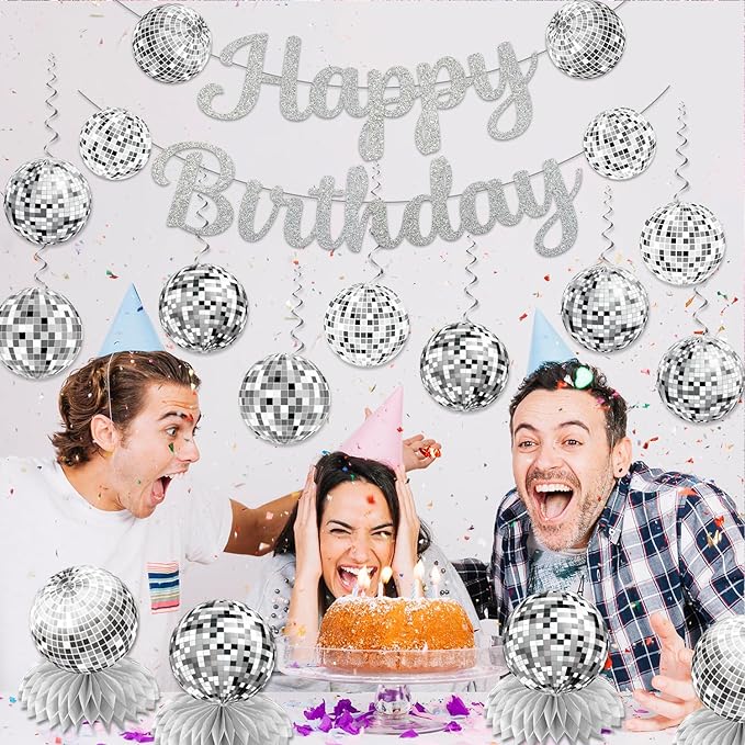 Disco Birthday Party Decorations - Silver Disco Ball Banner, Honeycomb Centerpieces, 70s-80s-90s Themed Party Pack