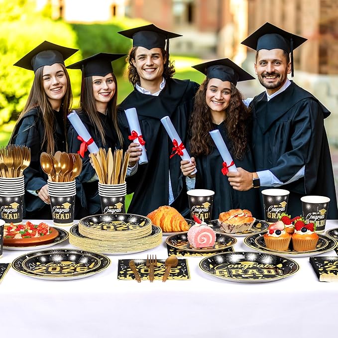 175PCS Graduation Plates and Napkins Set 2026 Graduation Party Supplies Tableware Set Include Paper Plate Napkin Cup Knife Fork Spoon for Black Gold Grad Party Decor Serve25 (Black and Gold)