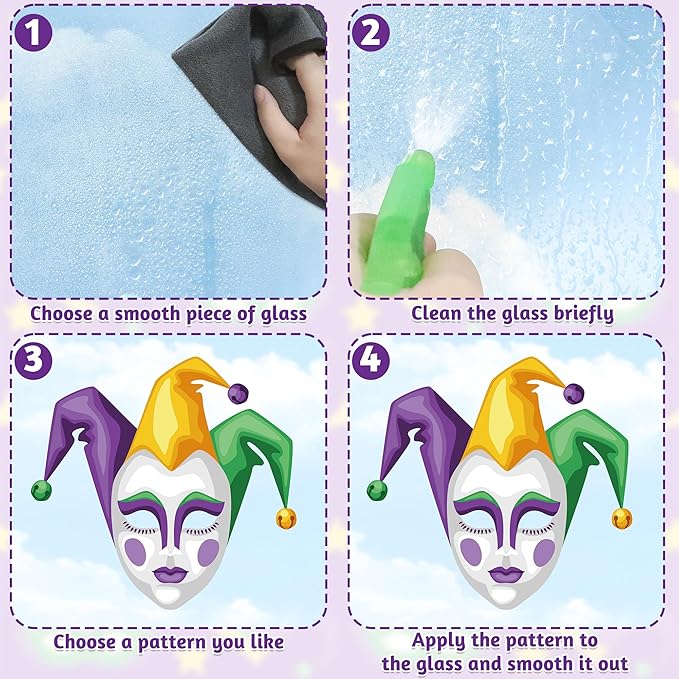 9 Sheets Mardi Gras Window Clings, 11.8 × 7.8 Inches Mardi Gras Decorations, Purple, Gold and Green Window Decals, Double-Sided Carnival Sticker Decor for New Orleans Carnival Holiday Party Supplies